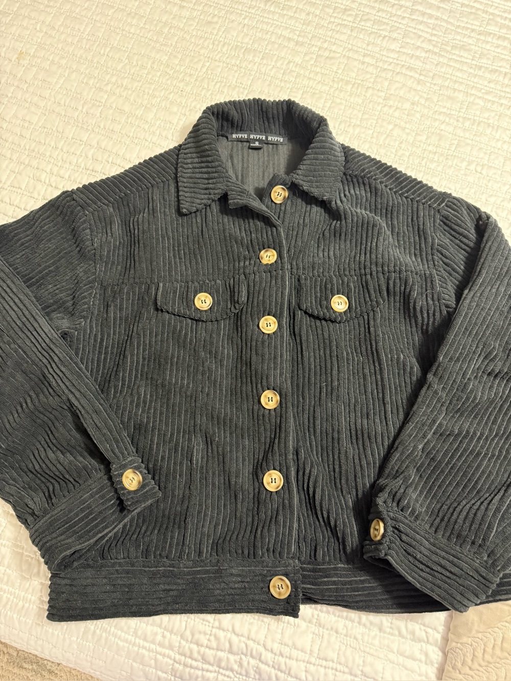 HYFVE Charcoal Ribbed Corduroy Jacket with Contrast Wood Buttons